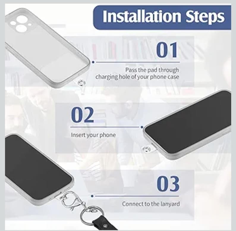 May include: Diagram showing the installation steps for a phone case with a lanyard. The steps are: pass the pad through the charging hole, insert the phone, and connect the lanyard. The text reads "Installation Steps".