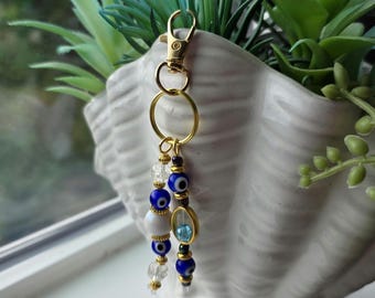 Evil Eye Beaded Keychain: Blue Gold Protection Charm