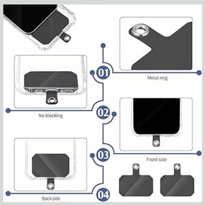 May include: Diagram of a clear phone case with a black phone inside, showing a metal ring and a black tab. The diagram highlights the front and back sides, and the phrase "No blocking".