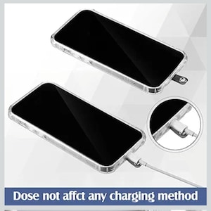 May include: Two transparent phone cases with black screens are shown. One case has a charging cable connected. The text at the bottom reads "Dose not affect any charging method."