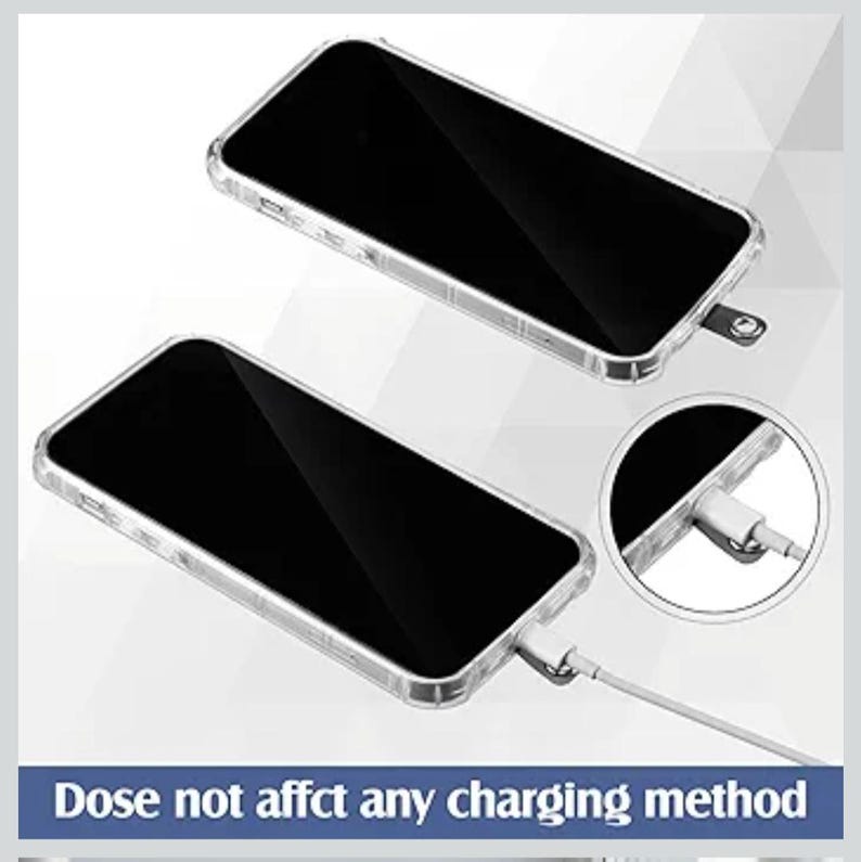 May include: Two transparent phone cases with black screens are shown. One case has a charging cable connected. The text at the bottom reads "Dose not affect any charging method."