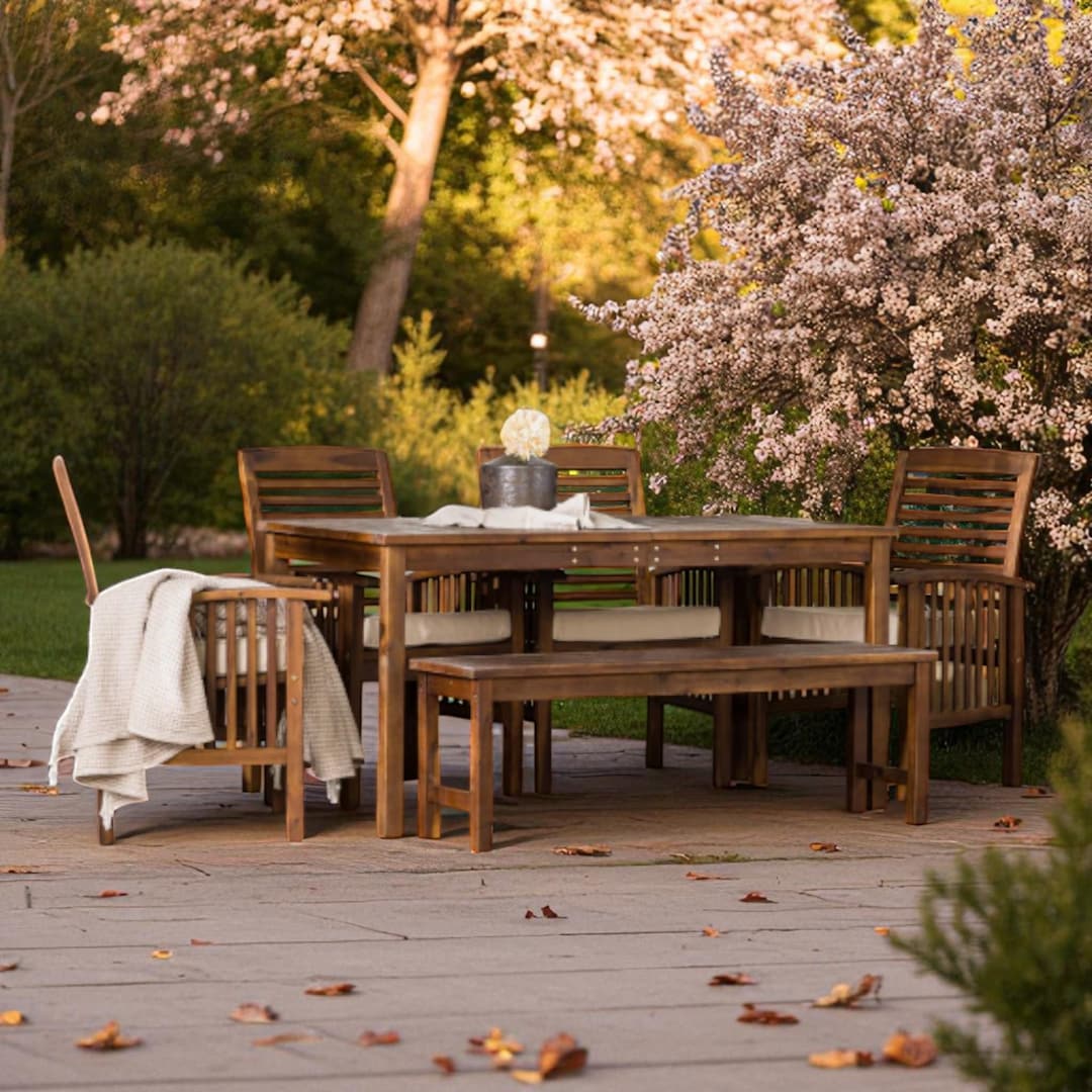Midland 6-Piece Outdoor Dining Set – Acacia Wood Table with Chairs & Bench – Patio Garden Furniture
