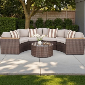 5-Piece Outdoor Half-Moon Patio Furniture Set – Curved Wicker Sectional Sofa with Cushions