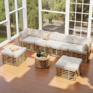 All-Weather Rattan 7 Piece Outdoor Patio Furniture Set – Sectional Sofa with Table and Cushions
