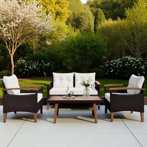 4-Piece Brown Rattan Outdoor Sofa Set with Table – Patio Garden Furniture with Cushions