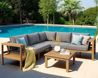 L字型4点セット木製屋外パティオソファセット（コーヒーテーブル付き） – コーナーガーデン＆デッキ用座席