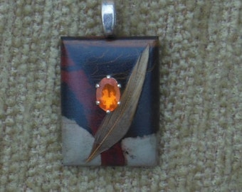 Painted jasper,feather and genuine fire opal pendant with sterling silver chain