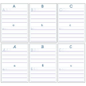 Peut inclure: Six feuilles blanches avec des exercices d'écriture des lettres A, B et C. Chaque feuille présente les lettres majuscules et minuscules, avec des lignes pour s'entraîner. Les lettres sont en écriture cursive.