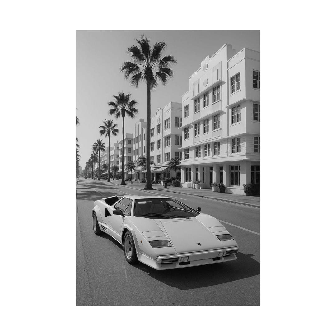 Lamborghini Countach Miami Poster – Vintage Car Print, Black & White ...