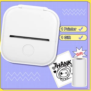 May include: A white portable thermal printer with a rounded square shape, a central circular button, and a horizontal paper output slot. Included are a roll of thermal paper and a printed sample featuring the text THANK and a cartoon character.