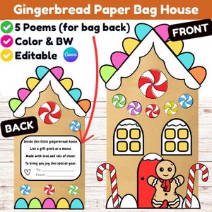 May include: A festive gingerbread paper bag house design with colourful candy accents and a gingerbread man. The design includes the text "5 Poems (for bag back)", "Color & BW", and "Editable Canva". The front of the house is labelled "FRONT" and the back is labelled "BACK".