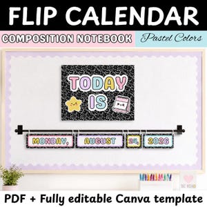 May include: A flip calendar set featuring a black and white composition notebook pattern. The display includes a sign reading TODAY IS with a star and calendar icon, and four rectangular cards showing MONDAY, AUGUST, 24, 2026 in pastel colors.