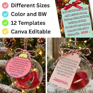 May include: Clear glass Christmas ornament with a red ribbon inside and a tag that reads, "Inside this little ornament, A ribbon's tucked away, Cut to match how tall I am..." The tag is personalized with the name "Jasper" and the year "2025".