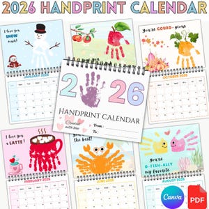 May include: A spiral-bound 2026 handprint calendar with colorful monthly designs. Each month features a handprint art theme, including a snowman, apple, pumpkin, crab, and fish. The calendar includes the text "HANDPRINT CALENDAR" and "Created with love."