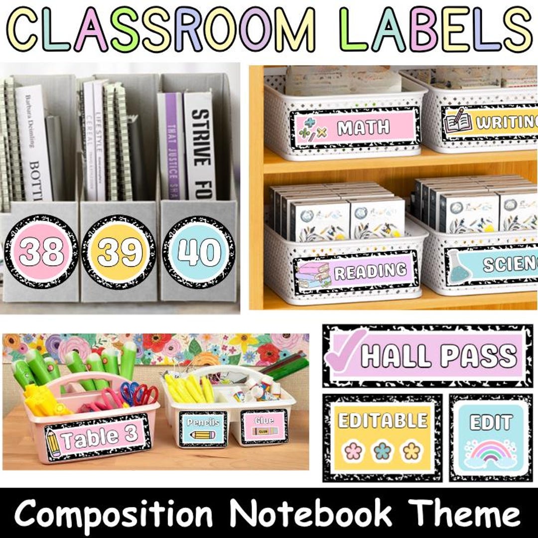 Pastel Composition Notebook Classroom Labels: Editable Teacher ...