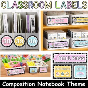 Pastel Composition Notebook Classroom Labels: Editable Teacher Organization (Digital Download, Canva Template)