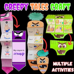 May include: An illustrated craft project labelled "Creepy Tales Craft". The image shows paper cutouts of a carrot, underwear, and a crayon, each with a face and text. The text includes "Creepy Tales Craft" and "Multiple Activities".