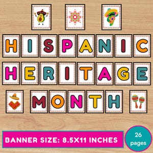 May include: A colorful banner set for Hispanic Heritage Month. The banner spells out "HISPANIC HERITAGE MONTH" with individual letter cards in various colors. Decorative images include an avocado with a sombrero, a flower, and maracas.