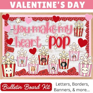 Op de afbeelding: Valentijnsdag prikbordkit met een houten frame. Het ontwerp toont roze en rode harten, popcornemmers en de zin "You make my heart pop". Inclusief letters, randen en banners.