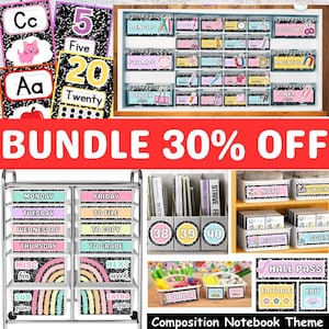 Könnte beinhalten: Eine Sammlung von Schulmaterialien und Organisationswerkzeugen mit einem Thema für Notizbücher. Enthält Etiketten für Bleistifte, Scheren, Stempel, Büroklammern, Magnete und Büroklammern. Enthält auch Etiketten für Wochentage, Fächer und Aufgaben im Klassenzimmer.