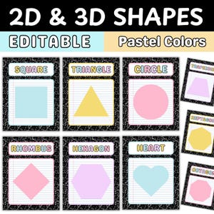 Peut inclure: Affiches éducatives présentant des formes 2D et 3D dans des tons pastel. Chaque carte affiche le nom d'une forme, comme carré, triangle, cercle, losange, hexagone et cœur, sur un fond de papier ligné avec une bordure mouchetée noire et blanche.