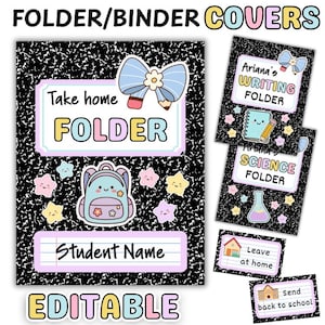 May include: A set of editable folder and binder covers featuring a black and white composition notebook pattern. The designs include pastel-colored graphics of bows, backpacks, stars, notebooks, and beakers with text labels like Take home FOLDER.