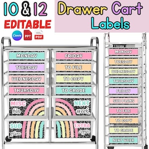 May include: A rolling drawer cart with labels for organization. Labels include days of the week, "To File," "To Copy," and "To Grade." The labels are in various pastel colors with a rainbow design. The text "Drawer Cart Labels" is at the top.