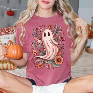 Boho Ghost Floral T-shirt, Cute Halloween Shirt, Ghost Lover Gift, Hippie Floral Tee, Unisex Garment-Dyed Shirt
