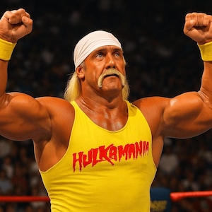 May include: A professional wrestler in a yellow tank top with "HULKAMANIA" printed in red. He wears a white bandana, yellow wristbands, and has a blonde mustache and hair. His arms are raised in a flexed position.