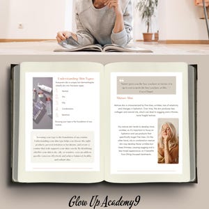 Peut inclure: Un livre ouvert avec des informations sur les soins de la peau, avec une femme en sweat-shirt gris. Les pages du livre affichent du texte sur les types de peau et la peau mature, avec des images de produits et une citation. Le logo Instagram est en bas.