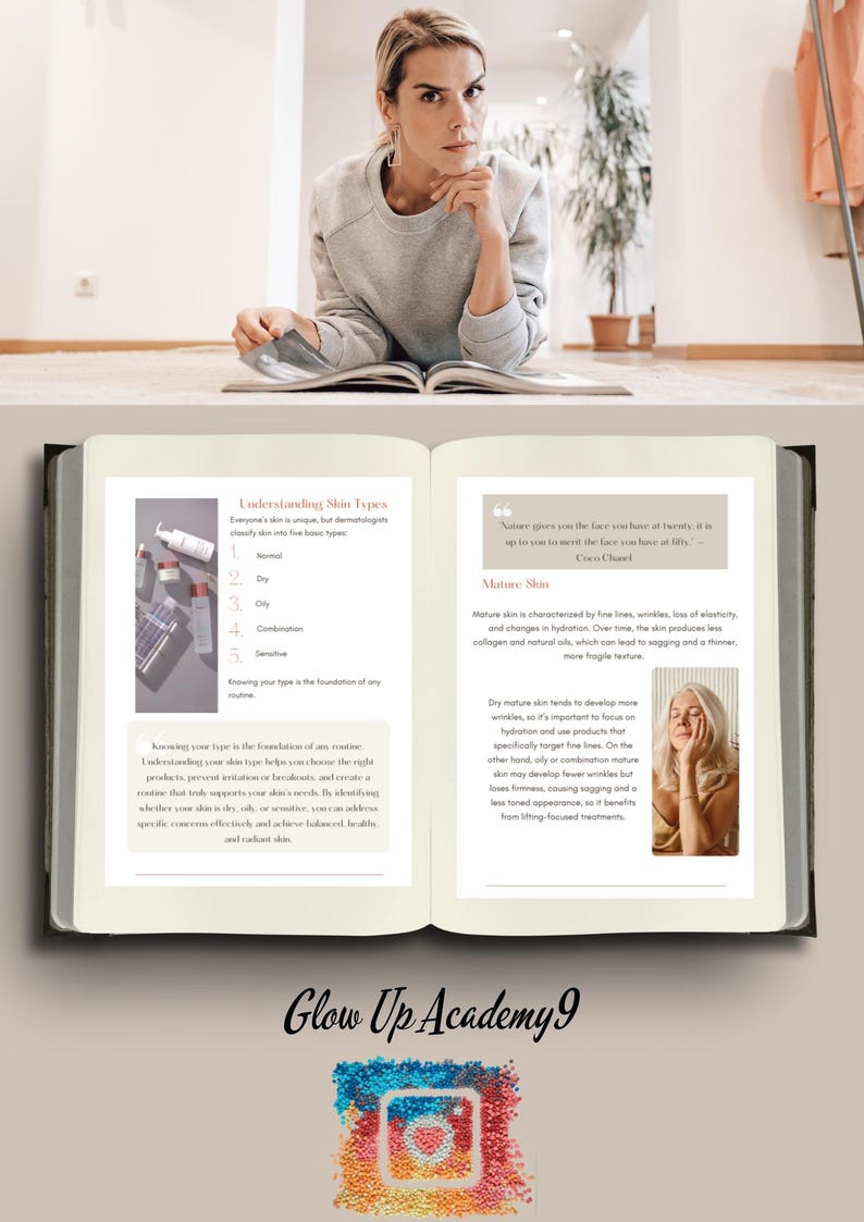 Peut inclure: Un livre ouvert avec des informations sur les soins de la peau, avec une femme en sweat-shirt gris. Les pages du livre affichent du texte sur les types de peau et la peau mature, avec des images de produits et une citation. Le logo Instagram est en bas.