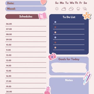 May include: A daily planner with a light pink background, featuring sections for date, mood, schedules, and a to-do list. Includes a water intake tracker and space for notes. Decorative elements include hearts, flowers, and a cactus.
