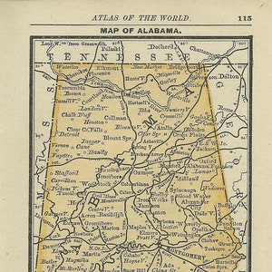 Mini-carte ancienne de l'Alabama, 1887