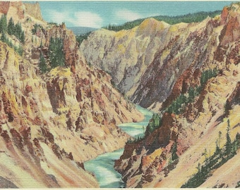 Vintage 1930s Yellowstone Canyon Postcard From Brink of Falls