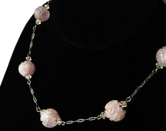 Antique 1920s Sterling Silver Carved Amethyst Bead Necklace