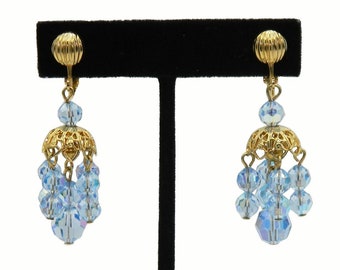 Vintage 1950s Blue Aurora Borealis Crystal Drop Earrings