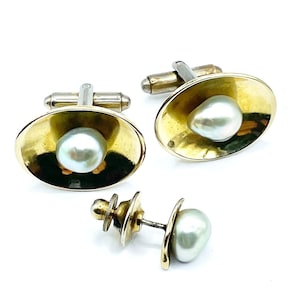 Gemelos vintage de plata de ley chapados en oro con perla de los años 50