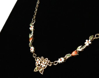 Vintage 1970s Enameled Butterfly Daisy Chain Necklace