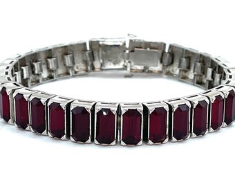 Pulsera vintage de plata de ley estilo Art Déco de los años 20 con diamantes de imitación rojos.