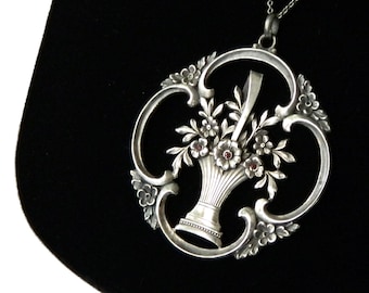 Vintage 1930s Silver Flower Pot Pendant Necklace