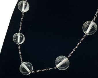 Collana vintage in argento sterling degli anni '20 con sfere di vetro chiaro e perline