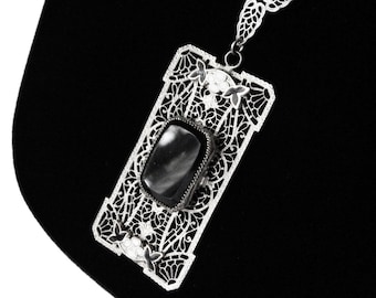 Vintage 1920s Enameled Art Deco Black Onyx Pendant Necklace