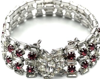 Pulsera vintage Hobé de diamantes de imitación rojos estilo Art Déco