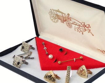 Vintage Cuff Links and Tie Clip Set Silver and Gold
