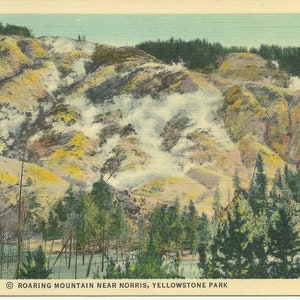 Cartão postal vintage do Parque Yellowstone da década de 1930 Roaring Mountain perto da Bacia do Gêiser Norris