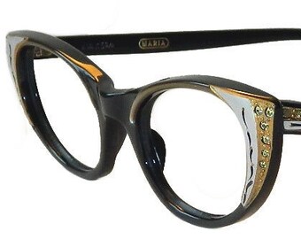 Vintage 1950s Rhinestone Studded Eyeglass Frames Silver and Black Cat Eye