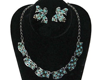Vintage 1950s Necklace and Earrings Set with Faux Turquoise Cabochons