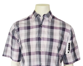 Vintage Mens Short Sleeve Shirt Size Medium Purple Plaid