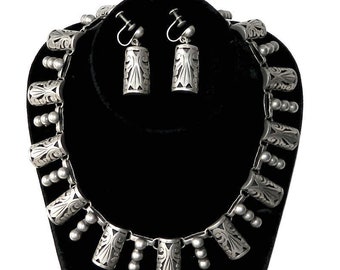 Vintage 1950s Mexican Sterling Silver Necklace Earrings and Bracelet Set