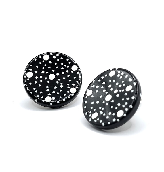 Boucles D'oreilles Vintage Clips Dorés Et émail Pois - Bon état